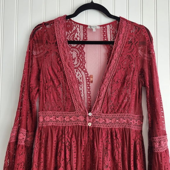 JODIFL Red Lace Long Sleeve Romantic Maxi Length Duster Cardigan Small - Picture 2 of 6